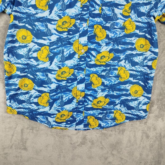 Savage Tacticians Floral Button Shirt Grenade Gun Blue Yellow Men's XL - Picture 3 of 8
